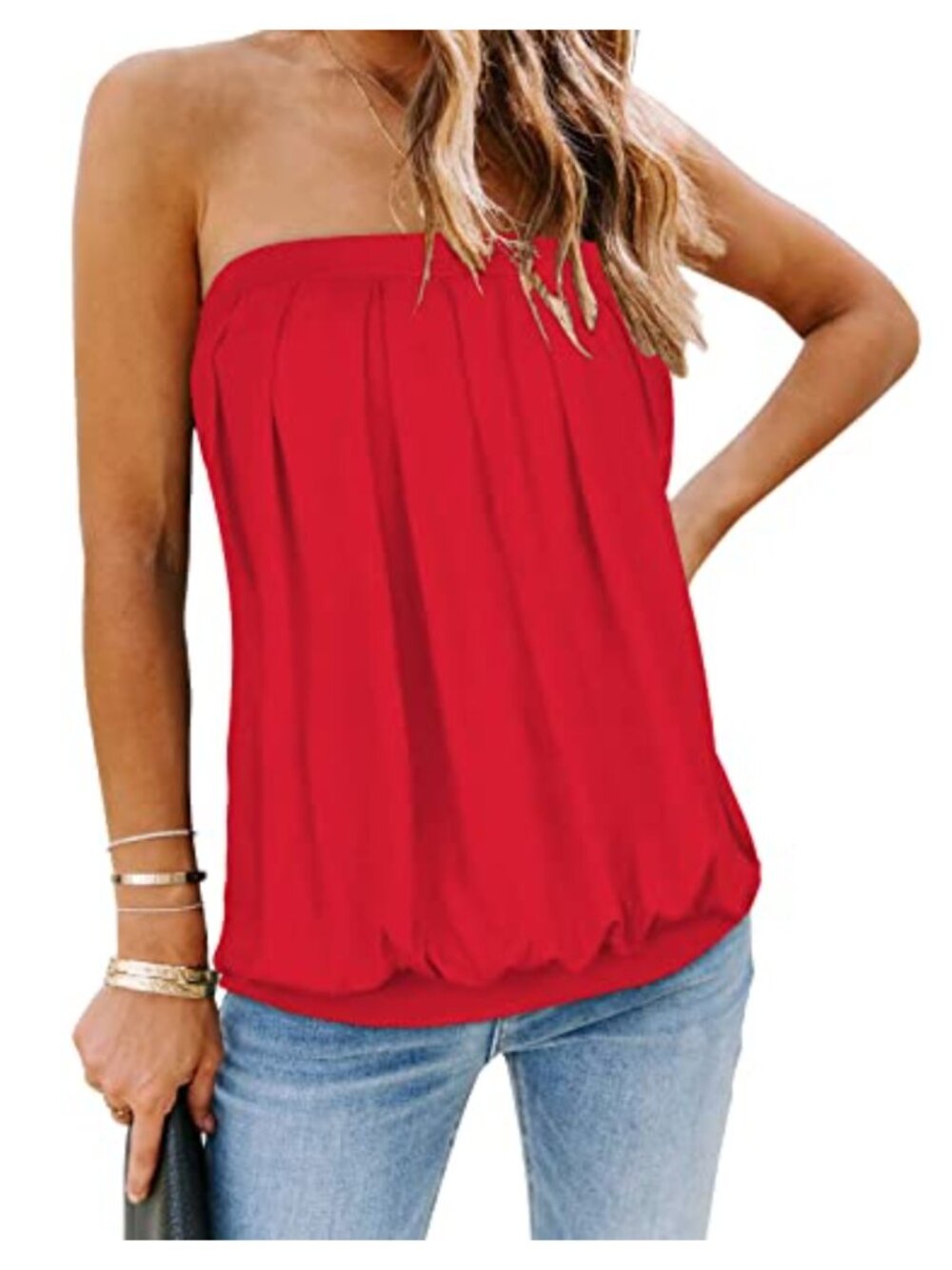 Womens Strapless Tube Top Sleeveless Pleated Tunic Summer Casual Bandeau